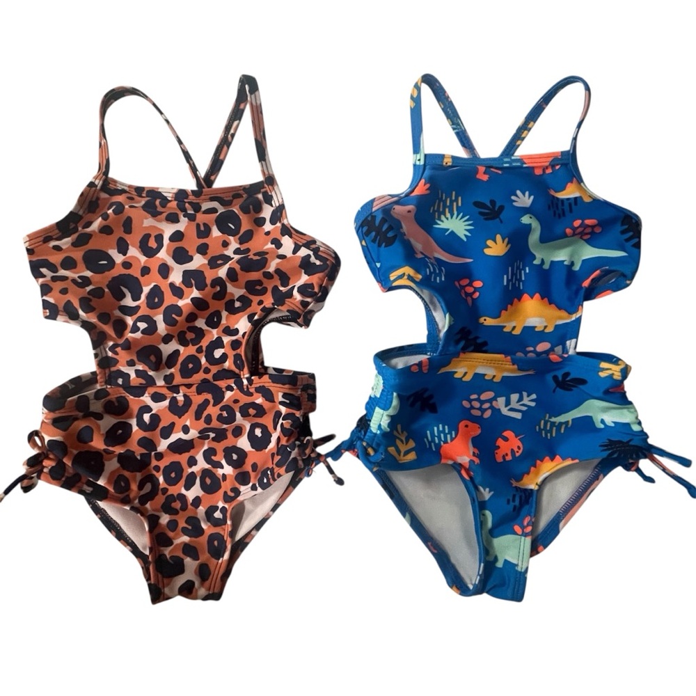 Cat & Jack Toddler Girl’s One Piece Swimsuit Cutouts Cheetah Dinosaurs 2T